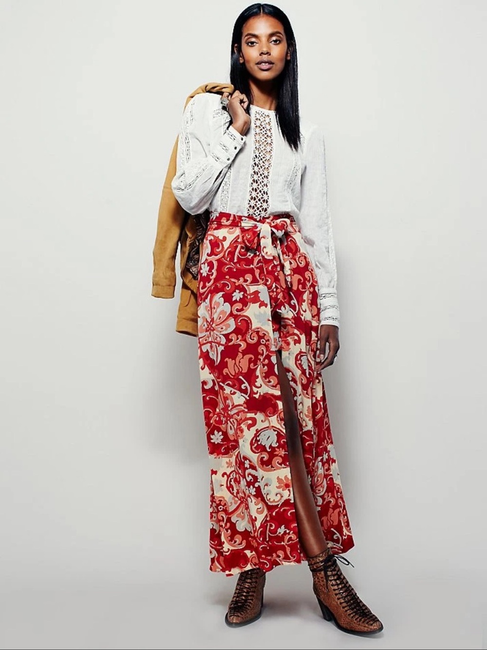 Free People Red & Cream Floral High-Low Tie-Waist Maxi Skirt